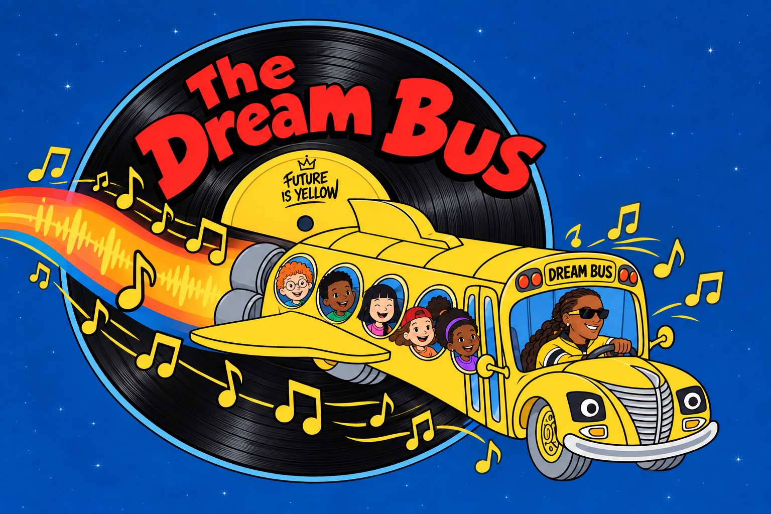 Project Dream Bus illustration: a flying yellow school bus full of kids with music notes and a vinyl record
